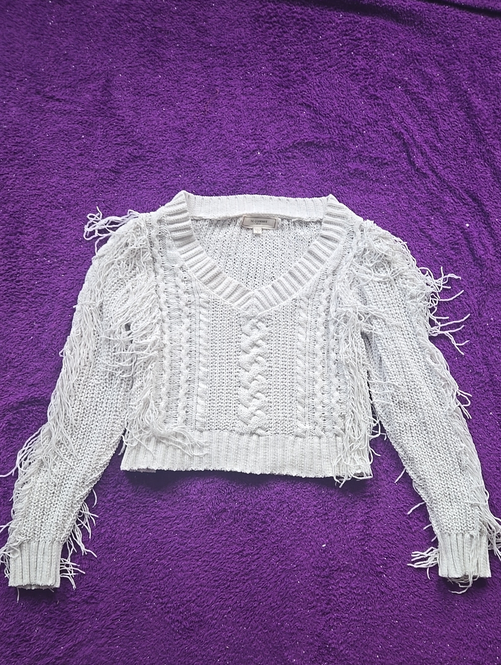 White V-Neck Fringe Cable Knit Sweater